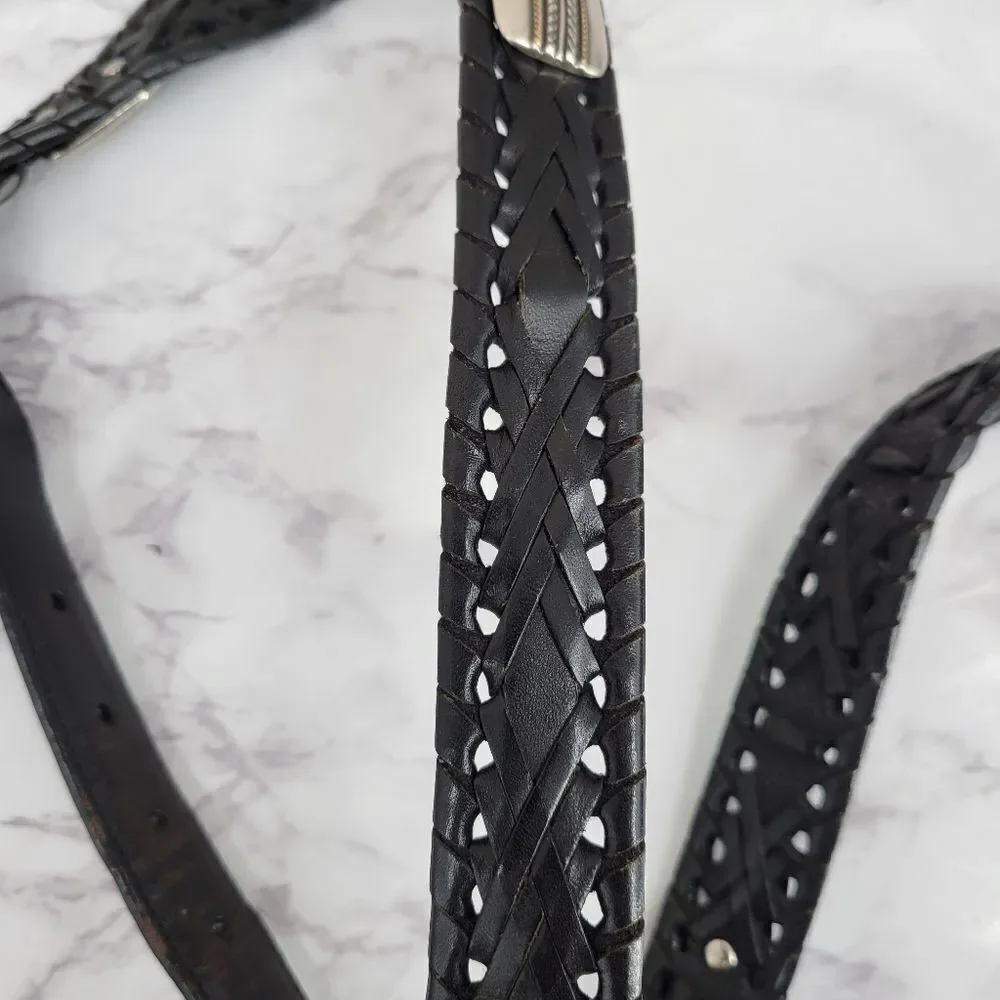 Roundtree & Yorke Black Woven Leather Belt with Silver & Gold Toned Conchos